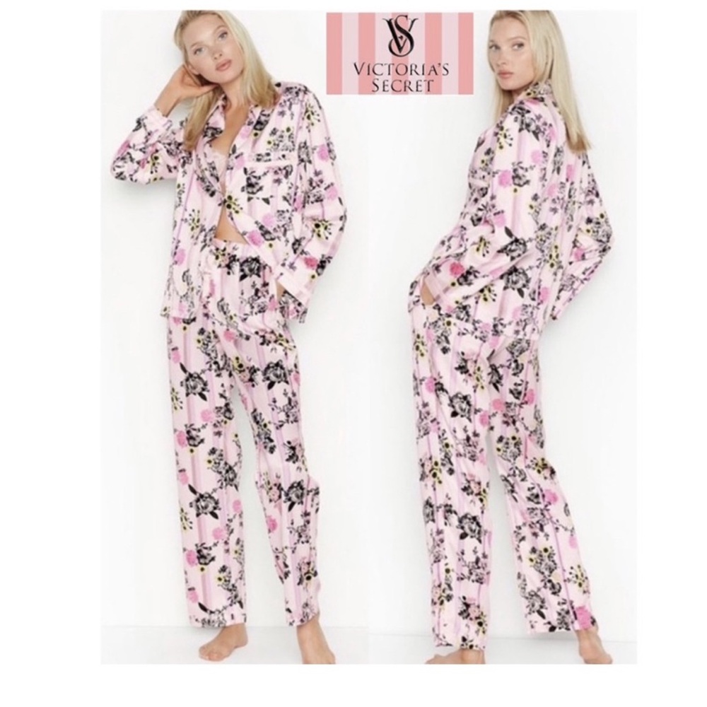 Victoria Secret Floral Stripes Pink Black Set pjs